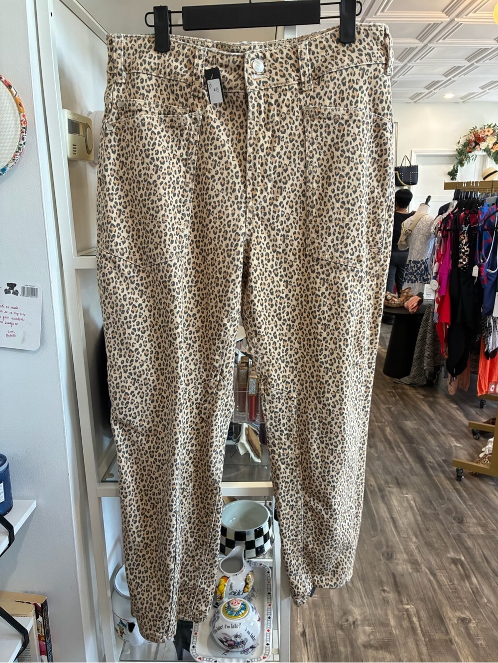 Pilcro Leopard Print Jean Pants in Beige and Black with joggers cinch bottom